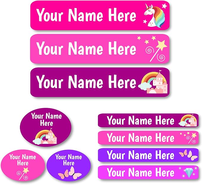 Lovable Labels Personalized Labels for Kids (85 Labels/Pack) - 3 Label Sizes Waterproof Dishwasher Safe Peel & Stick Labels for School Supplies Daycare Camp Clothing Bottles (Peace and Unicorn)