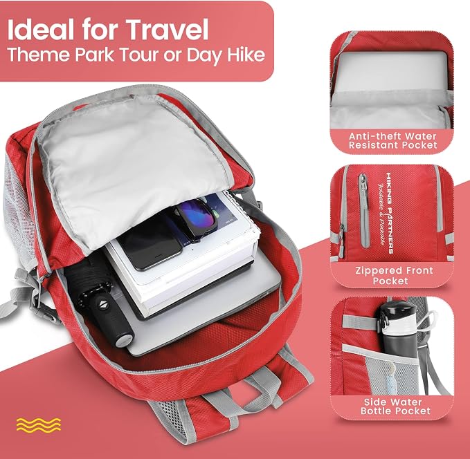 ZOMAKE Lightweight Packable Backpack, Water Resistant Foldable Daypack 35L | Light Hiking Backpacks Collapsible Day Pack for Travel, Everyday Carry, Multi Compartment Storage, Adjustable Strap (Red)
