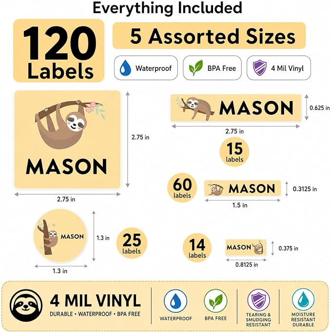 Andaz Press Custom Personalized Waterproof School Name Labels, Cute Sloth, 120-Pack, Kids Labels Combo Pack, Customizable Multi-Use Name Stickers for Preschool, Daycare, Supplies, Office, Camping