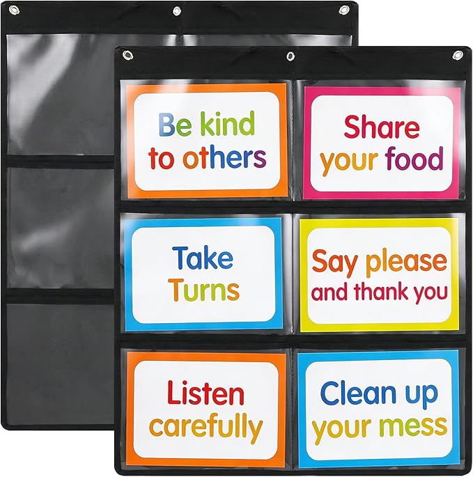 Cididu 2 Pack Pocket Chart for Classroom, Hanging Wall File Organizer with 6 Pocket, 28.3 x 24.2 In, Black Paper Storage for Cards, Drawing, Pictures, Art Display, Office, School