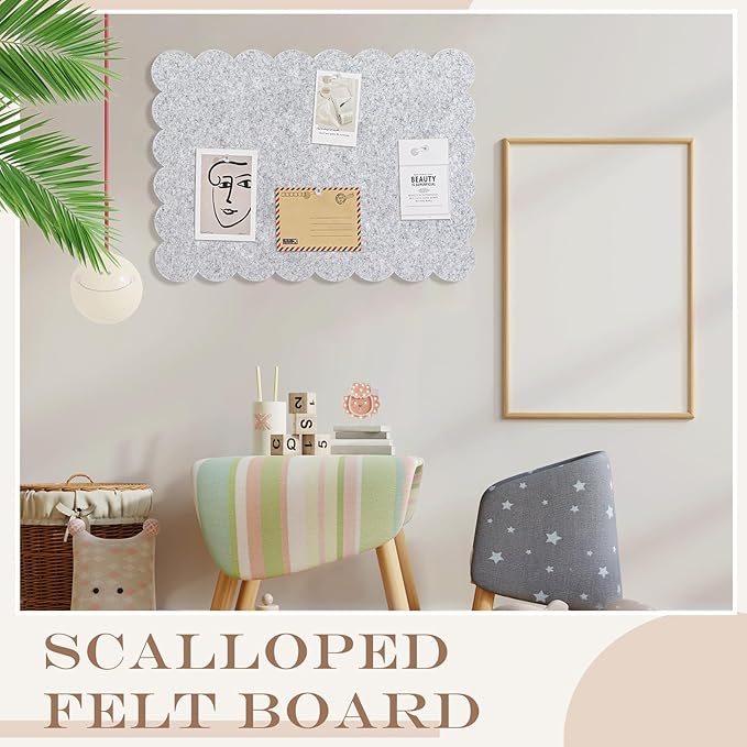 Mooliwe Scalloped Felt Bulletin Board Foldable Pin Cork Board Alternative for Wall, 3' x 2' Trifold Picture Vision Self Adhesive Bulletin Decorative(Light Gray,18 * 24 Inch)