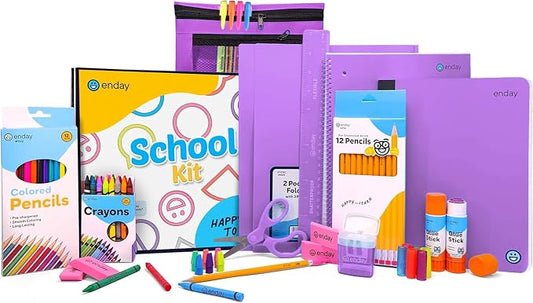 Back to School Supplies for Kids, Purple School Supply Box Grades K-5, Premium Quality Kids School Supplies Kit, Kindergarten School Supplies for Girls and Boys, 71 Piece Set - by Enday