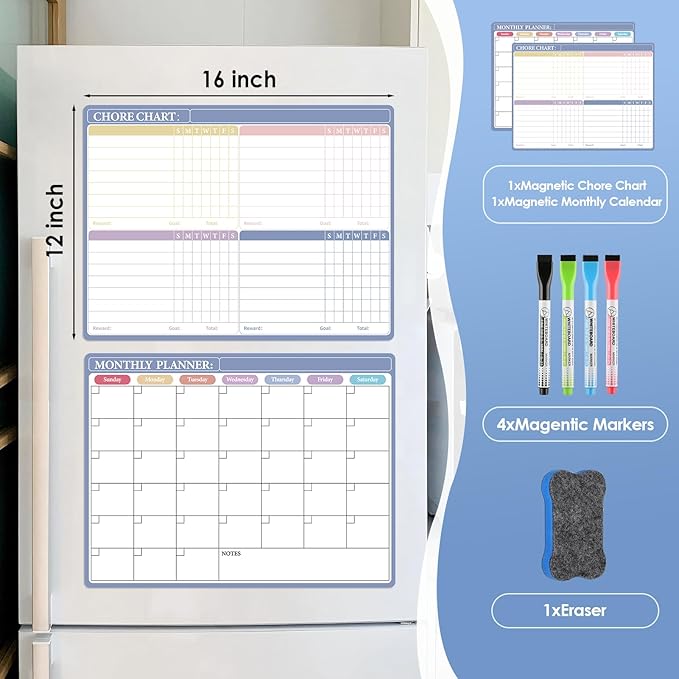 MaxGear Magnetic Calendar for Refrigerator, 16x12 Monthly Dry Erase Fridge Calendar Whiteboard with Stain Resistant Surface, No Ghosting, Reusable Planning Board with 4 Markers and 1 Eraser