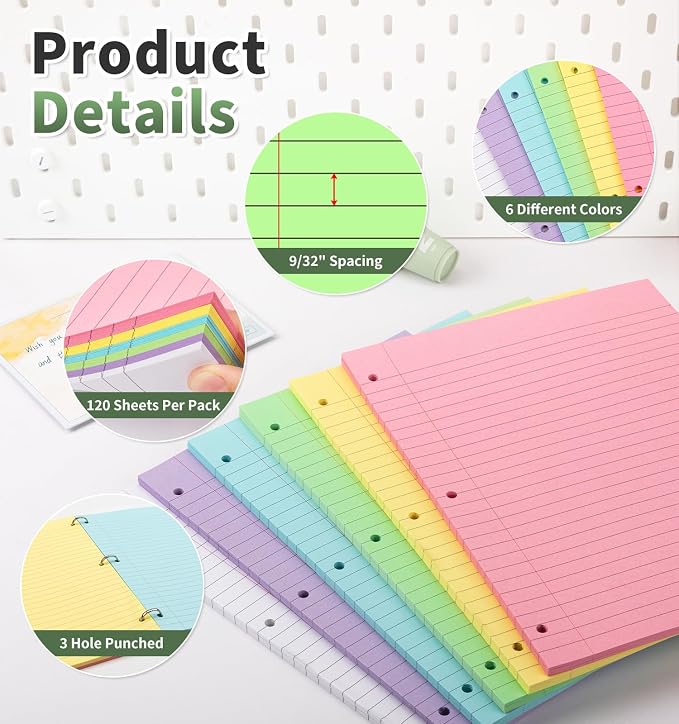 120Sheets College Ruled Lined Loose Leaf Paper, 6-Color Filler Binder Paper