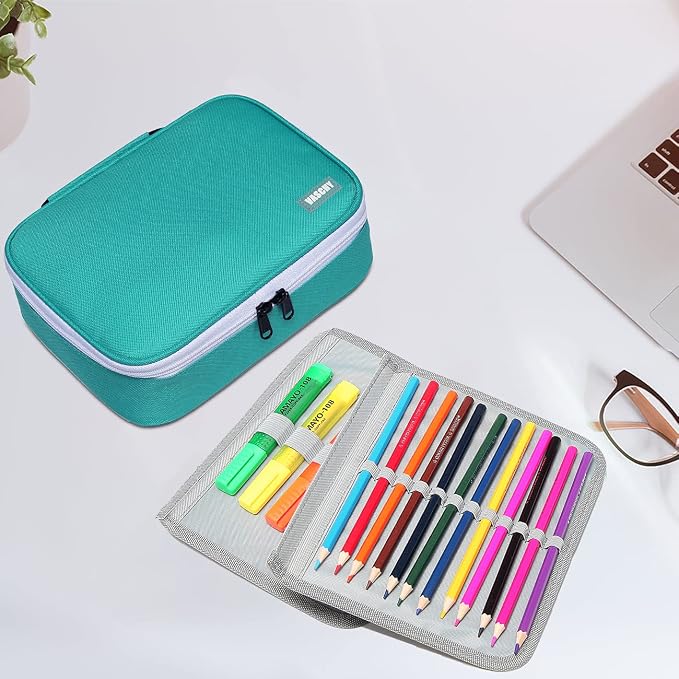 VASCHY Large Pencil Case, Art Color Pencils Pouch with Detachable Layers Multiple Zip Pockets for School Office Stationary Organization Turq