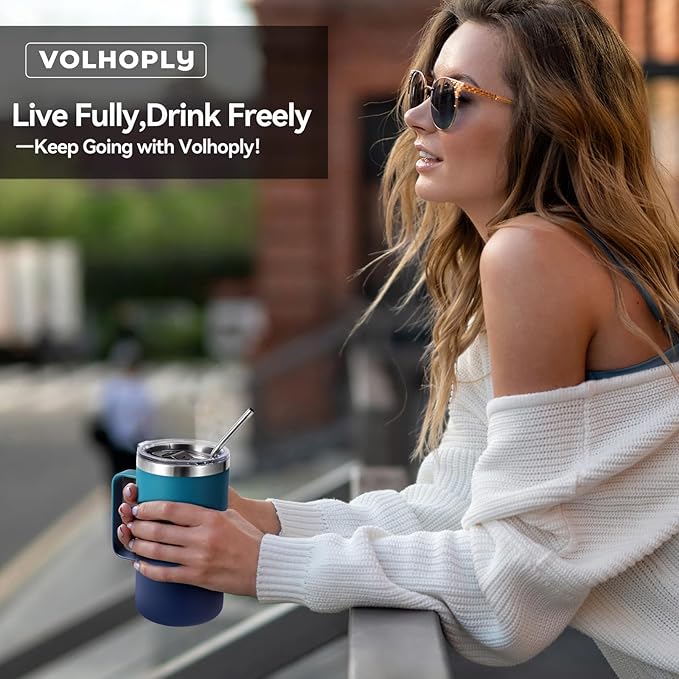 Volhoply 22oz Insulated Stainless Steel Coffee Mug with Leakproof Lid,Double Wall Vacuum Travel Coffee Cup with Handle,Reusable Metal Tumbler,Camping Mugs Keep Hot&Cold(Dark Night,1)