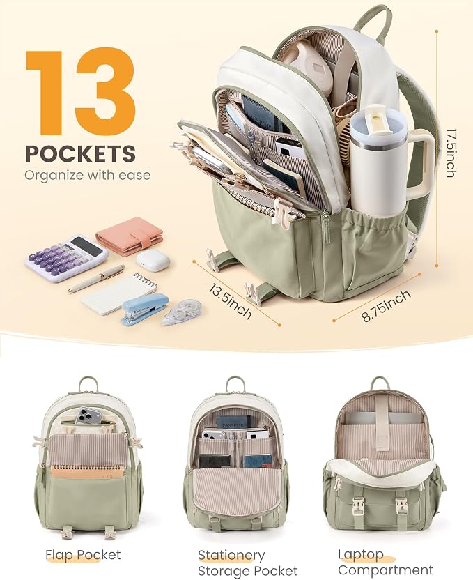 LOVEVOOK School Backpack for Teen Girls, Bookbag for 8-16 Student, Middle High College Back to School Cute Kids Backpack, 15.6 Inch, Green-beige