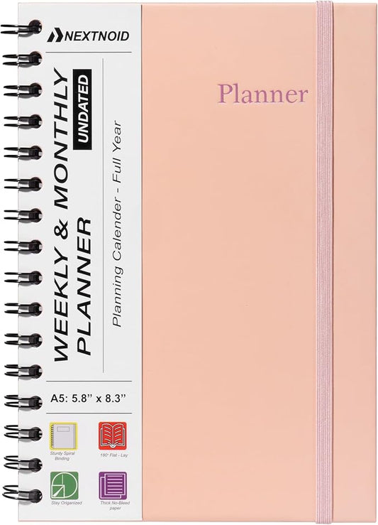 Undated Monthly and Weekly Planner - 12 Month Calendar Planner Notebook with Week Days - Hardcover Undated Planners Blank Agenda Book - A5 Pink