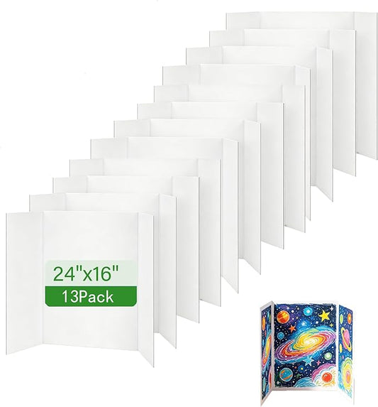 Trifold Poster Board, White Corrugated Presentation Board with Double Sided Tapes, Display Board for School Project, Science Fair (13=24x16)