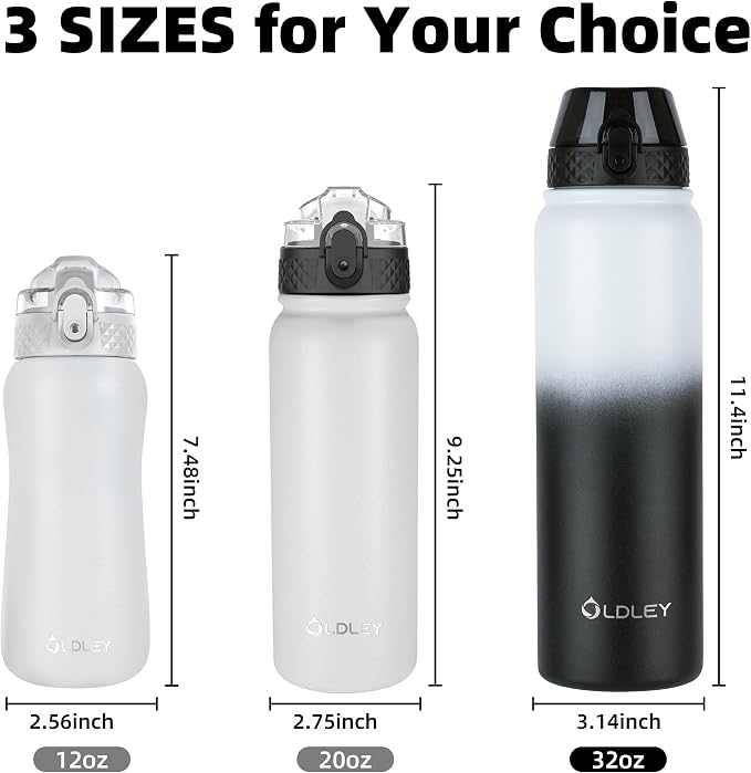 Oldley Insulated Water Bottle 32oz Water Bottles with Straw, Stainless Steel Water Bottle with 3 Lids, Double Wall Vacuum Thermo for Adults Kids,Leak-Proof Sport Bottles for School Travel, White Black