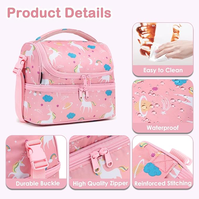 FlowFly Kids Double Decker Cooler Insulated Lunch Bag Large Tote for Boys, Girls, Men, Women, With Adjustable Strap, Unicorn