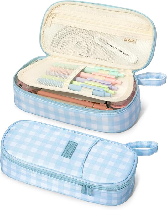 SUNEE Cute Pencil Case, Aesthetic Pen Pouch, Colored Large Pencil Bag with Zipper, Kawaii Stationery Storage and Organizer, School Supplies for Teen and Adult Girls, Blue Checkered