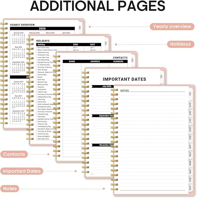Planner 2026-2027, 6.3" x 8.5" Weekly and Monthly Academic Year Planner Calendar, July 2026 - June 2027, Hardcover Large School Planning Agenda With Tabs, Perfect for School & Office Supplies, A5, Pink