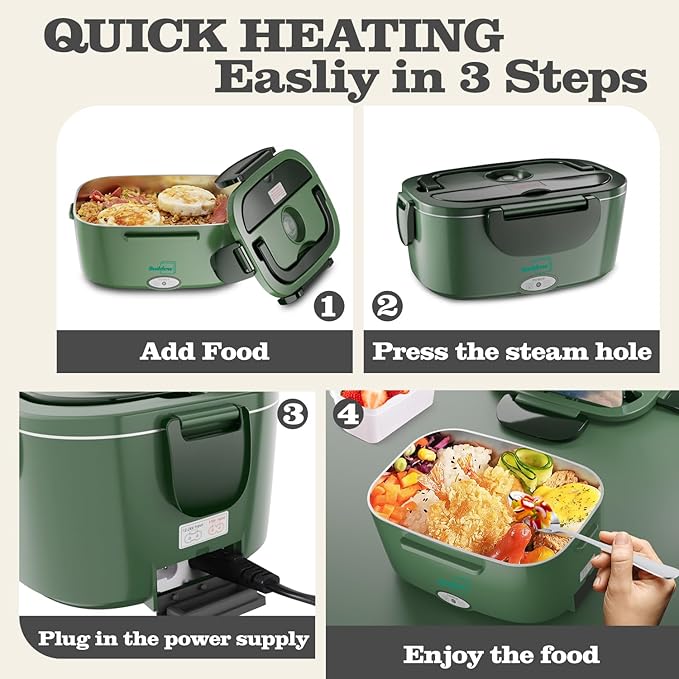 Buddew Electric Heated Lunch Box, 80W Fast Heating, 1.5L Food-Grade 304 Stainless Steel, 12V/24V/110V Portable Food Warmer for Car Truck Office Adults, Lonchera Electrica Portatil (Dark Green)