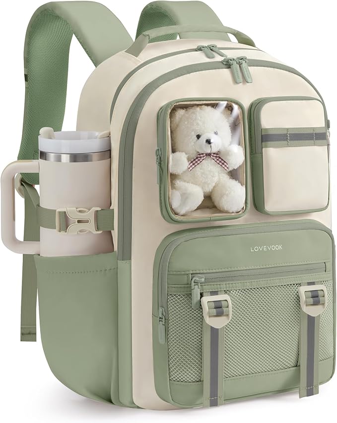 LOVEVOOK Cute School Backpack for Girls Ages 8-14, Bookbag with Plush Bear & Clear Display Pocket, Fits 15.6 Inch Laptop & 40oz Tumbler, Back to School Backpack for Elementary & Middle School