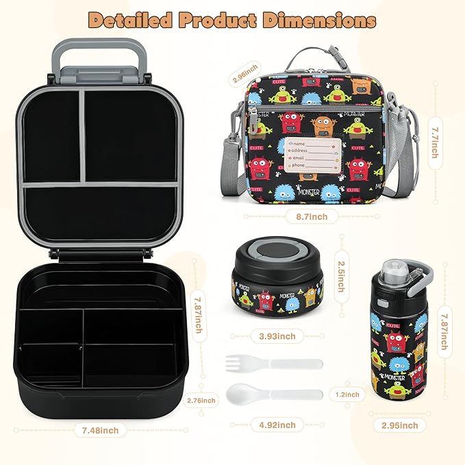 Bento Lunch Box for Kids with 7oz Soup Thermo,Insulated Stainless Steel Kids Water Bottle with Straw and Insulated Lunch Bag,Leak-Proof Lunch Food Container with Ice Pack for School (Black-Cute)