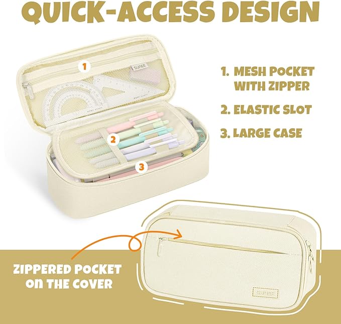 SUNEE Cute Pencil Case, Large Capacity Pencil Pouch, Big Storage Organizer for Stationery, Zipper Pen Bag, Back to School Supplies, Office Organizer Makeup Bag, for Teen Girl Boy Men Women, Beige