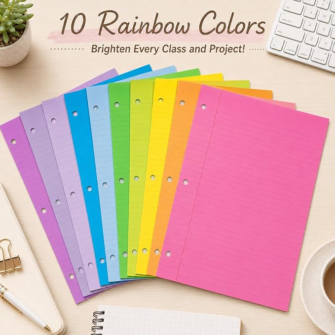 gisgfim 100 Sheets 3 Hole Punched Lined Refill Paper 8 x 10.5 Inch Loose Leaf Paper 3-Ring Binders College Ruled Notebooks Planner Inserts Thicken for Writing School Office Home Supplies(Colorful)