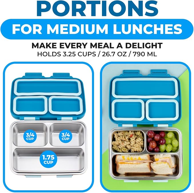 kinsho Stainless Steel Bento Box Lunch Container for Boys Kids, Blue | Heavy Duty, Removable Metal Tray with Silicone Seals, Reuseable Meal or Snack Container for School 790 mL