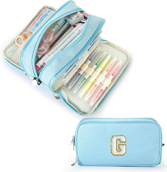 Extra Large Capacity Pencil Case 3 Compartment Initial Pencil Pouch Personalized Cute Aesthetic Stationery Pen Case Bag for School Teen Girl Boy Men Women Gift (G, Blue)