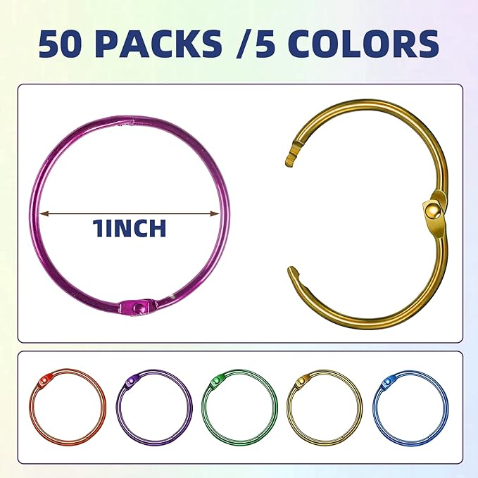 OWLKELA 1 Inch Binder Rings, Office Book Rings, Loose Leaf Rings, 50 Pcs Metallic Assorted Colors