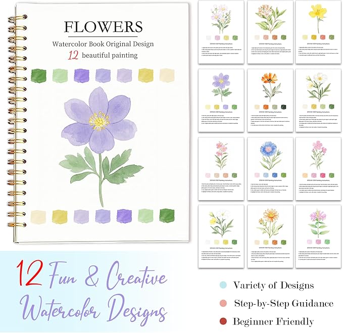 Easy Watercolor Workbook for Beginners - 12 Beautiful Step-by-Step Paintings Water Coloring Book, Includes 16 Watercolors Set, Relaxing Art Projects and Creative Gift for Adults & Teen (Flowers)