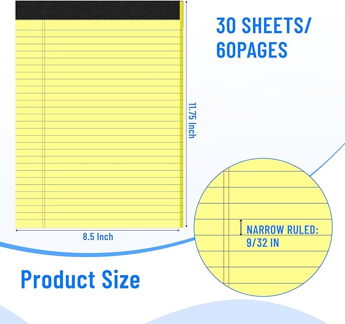 6pcs Legal Pads 8.5 x 11, Notepads 8.5 x 11.75 College Ruled Notebook, Writing Pads of Paper, Yellow Note Pads, Memo Pad Papers Perforate Legal Notepads Narrow Ruled Line,30 Sheets Per Pack
