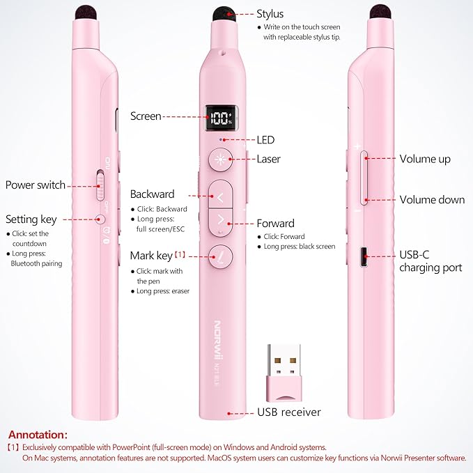 Norwii N21 Bluetooth Presentation Clicker with Telescopic Teaching Pointer, Presentation Remote with Retractable Stick for PowerPiont, Wireless Presenter, Slide Advancer - Pink