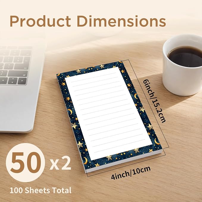 Lined Sticky Notes 4x6 in, 2 Pack Large Cute Notepads with Lines, Bright Post Memo Note Pads Big Rectangular Sticky Notes for Office Gold Stars Moon