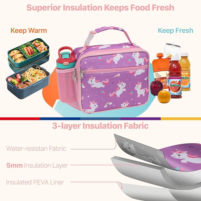 Bagseri Kids Lunch Bag Girls - Thermal Insulated Lunch Box Tote with Water Bottle Holder, Reusable Leak-Proof Kids Lunch Box for Daycare & School, Purple Cute Unicorn (Containers Not Included)