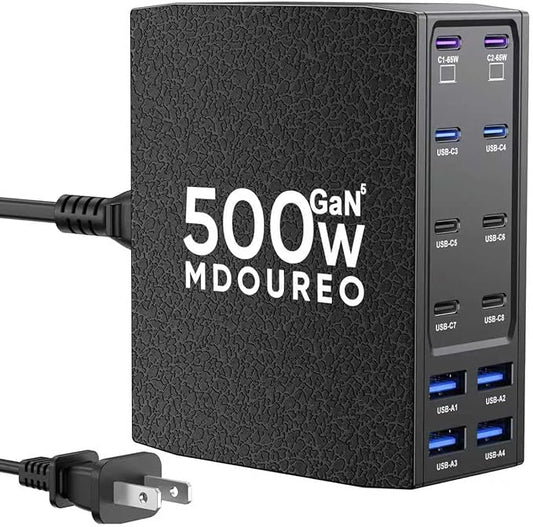500W USB C Charger Block, 12-Port USB C Charging Station for Multiple Devices, Leather Texture Dual PD 65W Laptop Fast Charger Compatible with MacBook Pro/Air, iPad, iPhone,Galaxy and More, Black