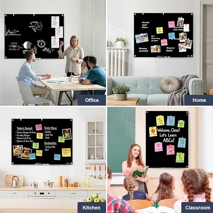 Glass Whiteboard Black Dry Erase Board Magnetic, TANKEE Modern Large Frameless Tempered Glass White Board for Wall, Office, Home, School, 48” x 32” Black Glassboard