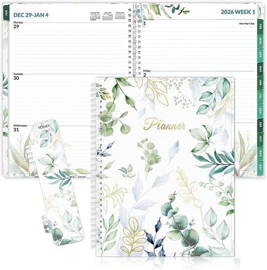 SUNEE 2026 Weekly and Monthly Planner - from January 2026 - December 2026, Daily Agenda Planner with Monthly Tab, Flexible Cover, Note Pages, Pockets, Bookmark, Spiral Binding, Eucalyptus, 8.5"x11"
