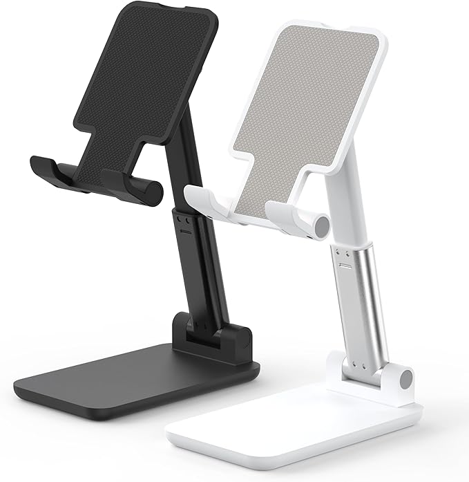 Cell Phone Stand, Adjustable Angle and Height Cell Phone Holder for Desk, Foldable and Portable, Anti-Slip Silicone Pad, Compatible with All Mobile Phones and 4-8 Inch Devices (Black&White)