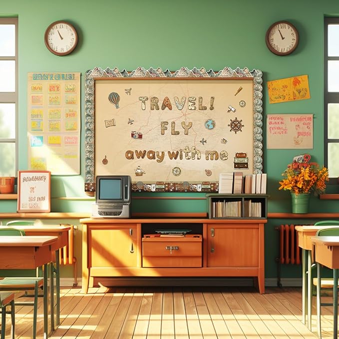221 Pcs World Map Bulletin Board Letters, Round Alphabet Number Punctuation Symbol Combo Letter Cutouts, Vintage Classroom Decor for School Classroom Chalkboard Poster Bulletin Board Wall