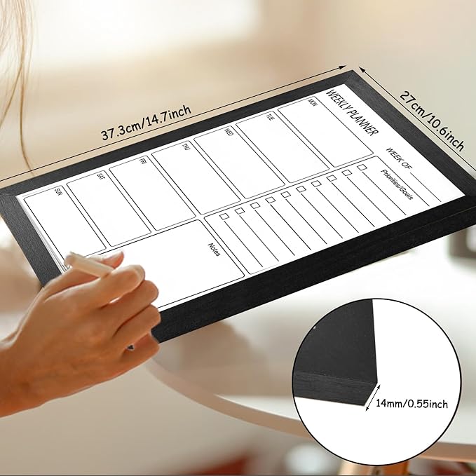 Dry Erase White Board Weekly Calendar Board, Magnetic Whiteboard for Wall, 10.6“x14.7” Solid Wood Black Framed Message Board, Planner Board for Office, Home, School(Weekly-BB-BK-2737)