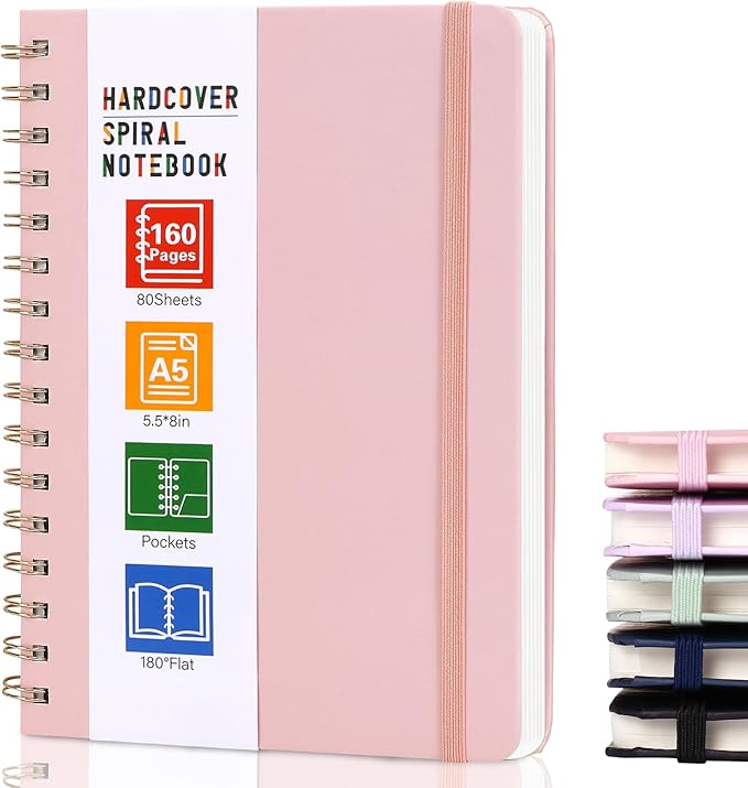 LABUK Hardcover Spiral Notebook for Women, A5 Lined Pink Journaling Notebooks for Work, 5.5 x 8in 160Pages Spiral Journal for Writing