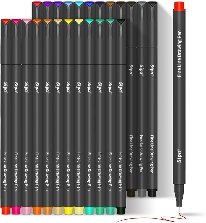 Sipa 24 Colored Fineliner Pens for Journaling, 0.38mm Fine Point Tip