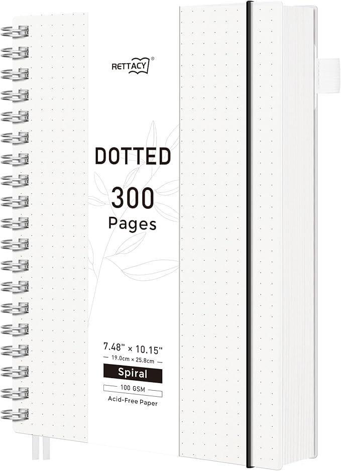 RETTACY Dotted Journal Notebook, 300 Pages, B5 Medium Size (7.4'' × 10''), 100 GSM Thick Paper, Flexible Plastic Cover, Spiral-bound, for Journaling, Planning, Tracking (Transparent)