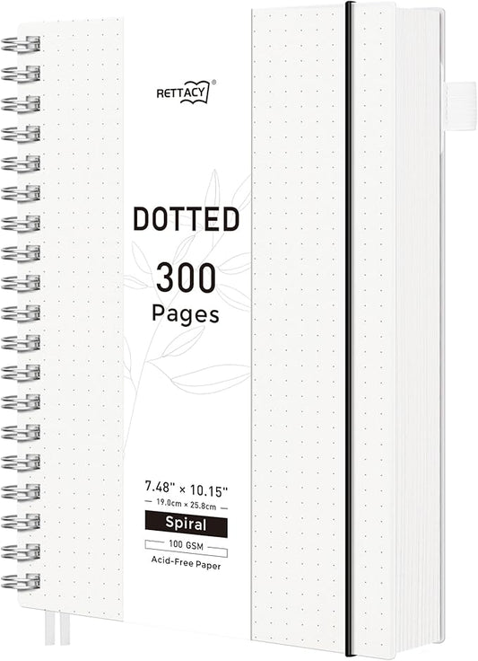 RETTACY Dotted Journal Notebook, 300 Pages, B5 Medium Size (7.4'' × 10''), 100 GSM Thick Paper, Flexible Plastic Cover, Spiral-bound, for Journaling, Planning, Tracking (Transparent)