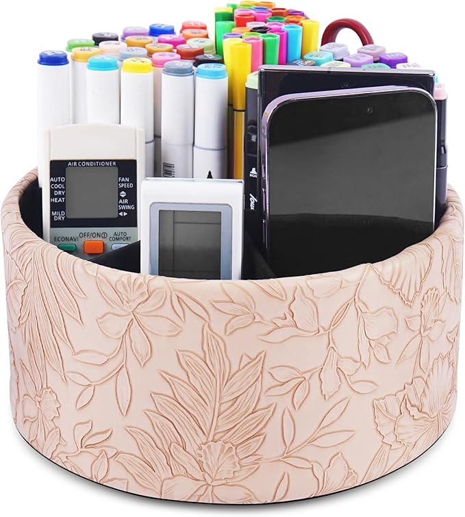 Remote Control Holder, 360°Spinning PU Leather Desk TV Remote Caddy,Desk Storage Box Room Accessories for Controller, Media,Mail,Calculator, Mobile Phone,Pencil(1-Carved Light Brown)