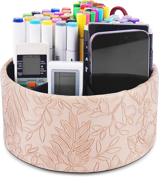 Remote Control Holder, 360°Spinning PU Leather Desk TV Remote Caddy,Desk Storage Box Room Accessories for Controller, Media,Mail,Calculator, Mobile Phone,Pencil(1-Carved Light Brown)