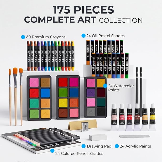 175 Piece Deluxe Art Set with 2 Drawing Pads, Acrylic Paints, Crayons, Colored Pencils, Paint Set in Wooden Case, Professional Art Kit, Art Supplies for Adults, Teens and Artist, Paint Supplies