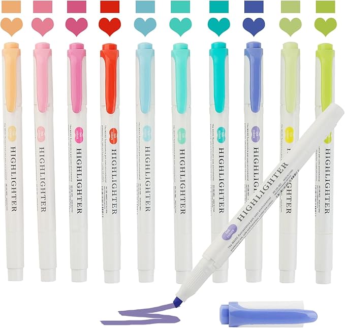 10 Pack Real Mild Highlighters, Compact Assorted Pastel Colors Dual Tip Highlighter, No Bleed Small Pack Highlighters for Bible Journaling Bullet Journal Notes Travel