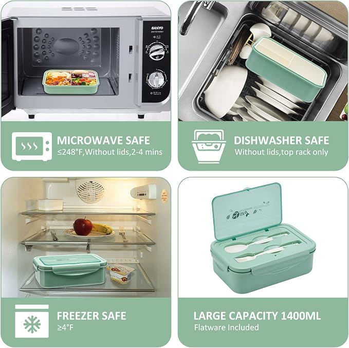 LOVINA Bento Boxes for Adults - 1100 ML Bento Lunch Box Container For Kids | Built-in Spoon & Fork - BPA-Free and Food-Safe Materials, Durable Perfect Size for On-the-Go Meal(Green)