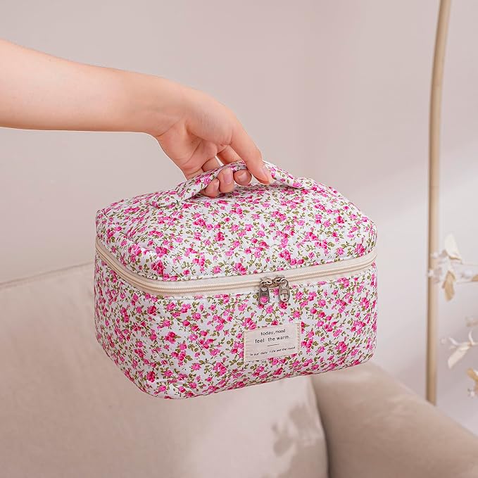 uekeboag Large Travel Quilted Makeup Bag for Women | Soft Floral Cotton Cosmetic Bag, Foldable Coquette Aesthetic Toiletry Organizer