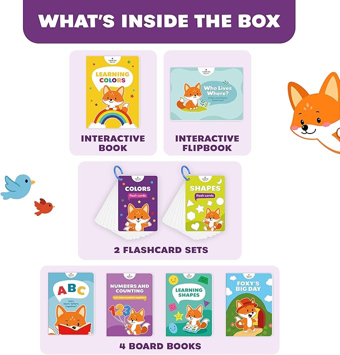 Clever Fox Play Smart Toddler Box for Kids Ages 1-3 – 8-Piece Learning Toy with Interactive Activity Books & Flashcards – Pre-K Speech Therapy, Vocabulary & Language Activities for 1, 2, 3 Year Olds
