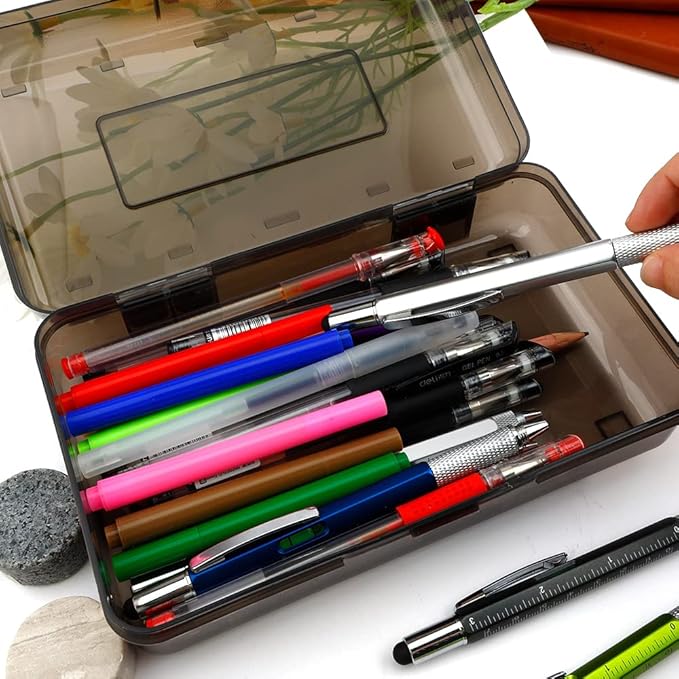 Pencil Box, Large Capacity Clear Pencil Case, 1 Pack Hard Pencil Case, Crayon Box with Snap-tight Lid Stackable Design, Plastic Storage Box for Office Supplies, Black