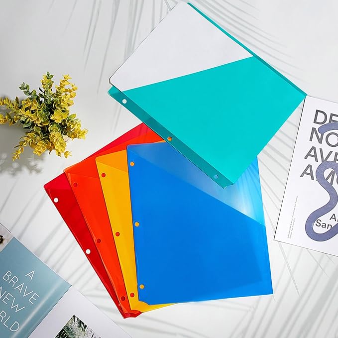 Maitys 5 Pack Binder Pockets 3 Hole Punch Clear Plastic Document Folders Binder Organizer Store Letter Size 8.5 x 11 Inch Paper Folders with Pockets Slash File Jacket for Office (Bright Colors)