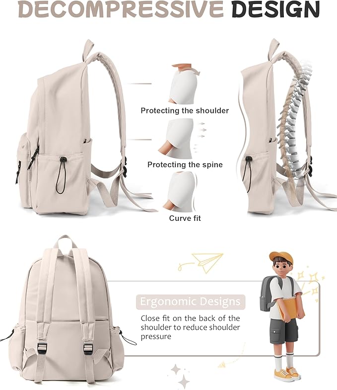 SEAFEW Off White Backpack for Girls Women Waterproof High School Book Bag Cute Backpack for Men Teens Boys, Lightweight Simple Middle School Back Pack Daypack